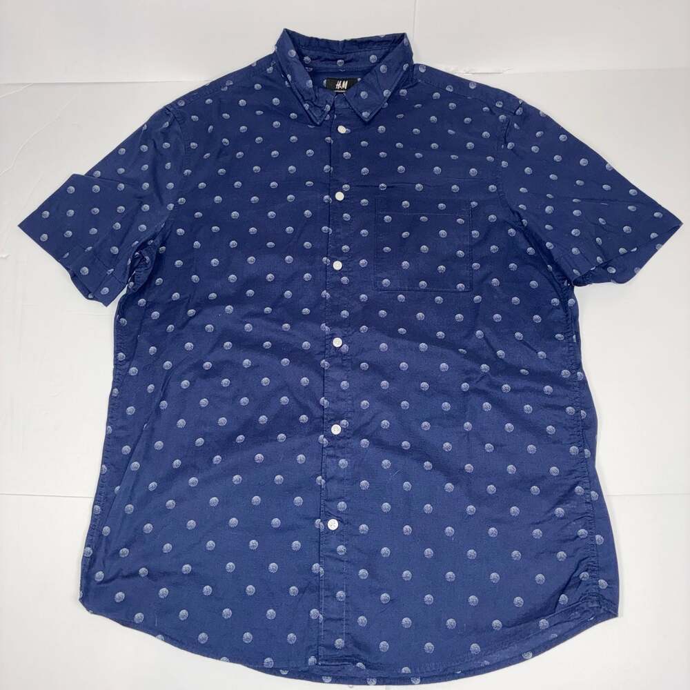 H&M Regular Fit Men Short Sleeve Button Down Shirt Size M Blue Polka Dot